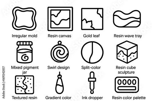 Abstract Resin Art Icons. Outline icon set of abstract resin art: irregular mold, resin canvas, gold leaf sheet, resin wave tray,