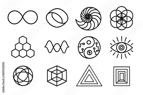 Abstract AI Icons. Outline icon set of abstract AI symbolism: infinity loop, Möbius strip, spiral fractal, sacred geometry grid,