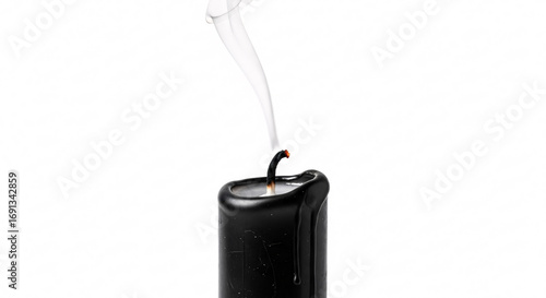 Ethereal smoke wisps rise from a extinguished black candle, symbolizing an end or transition.