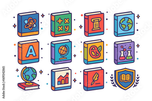 Academic Icon Set. Colorful isometric vector icons set of academic and educational book covers: science textbook, math equations