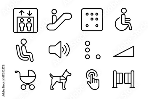 Accessibility Icon Set. Outline icon set of accessibility features: elevator, escalator, tactile paving, wheelchair icon, priority