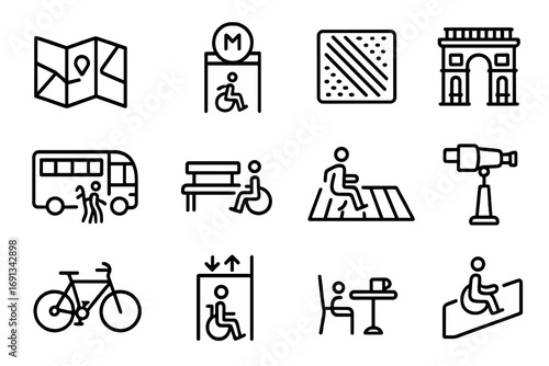 Accessible City Icons. Outline icon set of accessible city tourism: city map, accessible metro station, tactile pavement, city
