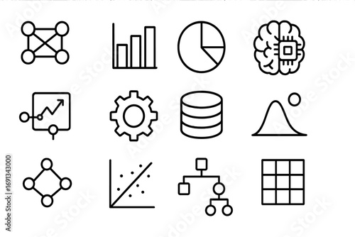 AI Data Icons Grid. Outline icon set of AI data analysis: neural network, bar chart, pie chart, AI brain, predictive model,