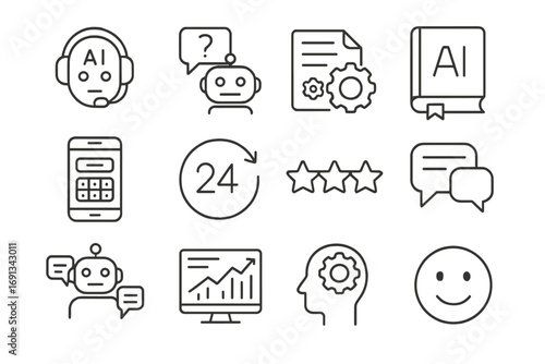 AI Customer Service Icons. Outline icon set of AI in customer service: headset with AI robot, FAQ bot, support ticket, AI