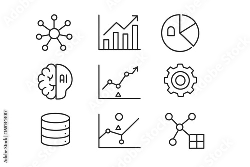 AI Data Icons Grid. Outline icon set of AI data analysis: neural network, bar chart, pie chart, AI brain, predictive model,