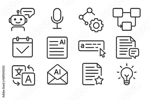 AI Productivity Icons. Outline icon set of AI productivity tools: chatbot, voice assistant, task automation, workflow builder,