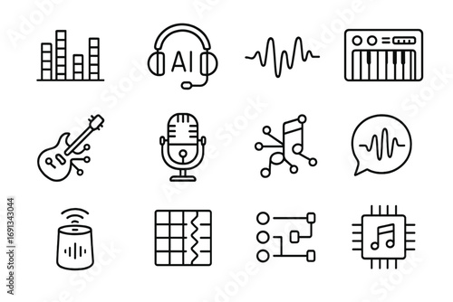 AI Music Icons. Outline icon set of AI in music and sound: digital equalizer, AI headphones, waveform, synthesizer, circuit guitar
