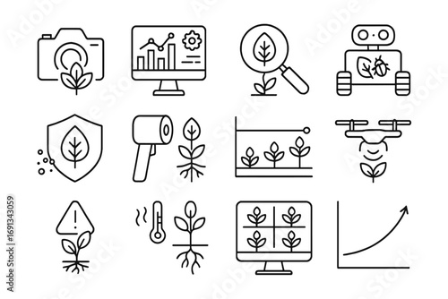 AI-Driven Crop Health Icons. Outline icon set of AI-driven crop health monitoring in space: plant health camera, data analytics