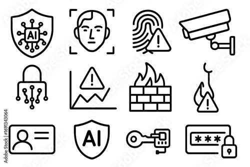 AI Security Icons. Outline icon set of AI in security: shield with AI circuit, biometric face scan, fingerprint recognition,