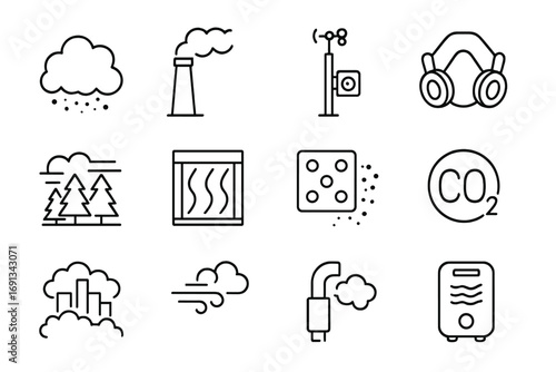 Air Pollution Icons. Outline icon set of air pollution from mining: dust cloud, smokestack emissions, air monitoring station,