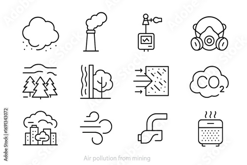 Air Pollution Icons. Outline icon set of air pollution from mining: dust cloud, smokestack emissions, air monitoring station,