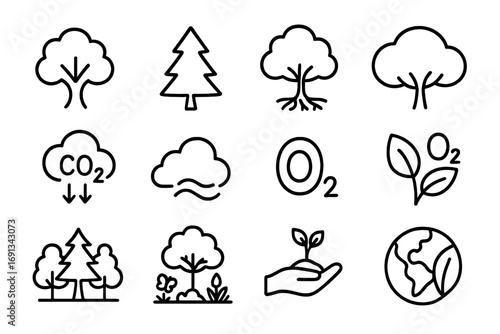 Air-Cleansing Tree Icons. Outline icon set of Trees cleaning the air: leafy tree, conifer tree, tree with roots, tree canopy, tree