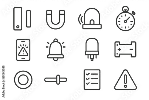 Alarm System Icons. Outline icon set of alarms and door monitoring: reed switch, door magnet, buzzer, timer, smartphone alert,
