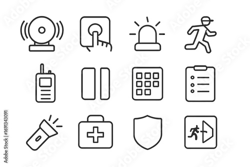 Alarm Procedure Icons. Outline icon set of alarm response procedures: alarm bell, panic button, siren, guard running,