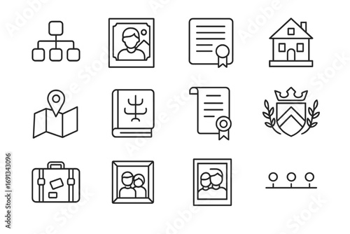 Ancestry Icon Set. Outline icon set of Ancestry and genealogy learning: family tree diagram, old photograph, birth certificate,