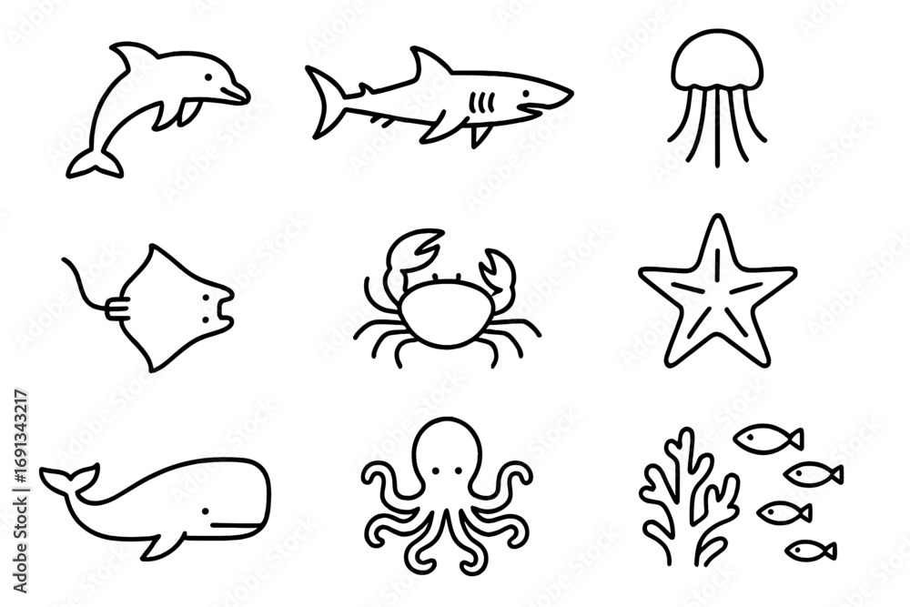 Obraz premium Aquatic Wildlife Icons. Outline icon set of aquatic wildlife: dolphin, shark, sea turtle, jellyfish, manta ray, seahorse, crab,