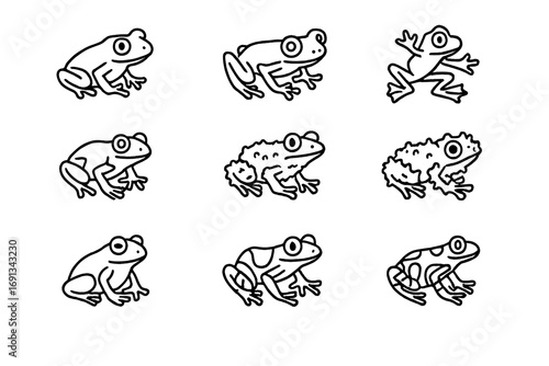 Arboreal Frogs Icon Grid. Outline icon set of arboreal amphibians: tree frog, glass frog, flying frog, red-eyed frog, poison dart
