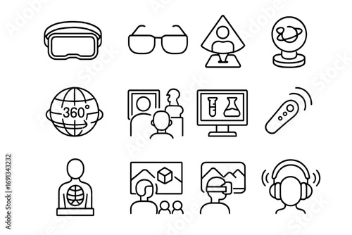 AR VR Learning Icons. Outline icon set of AR and VR learning experiences: VR headset, AR glasses, hologram display, 360-degree