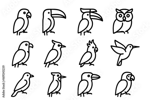 Arboreal Birds Icons. Outline icon set of arboreal birds: parrot, toucan, hornbill, owl, eagle, jay, cockatoo, hummingbird, oriole