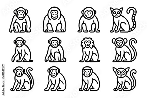 Arboreal Primates Icons. Outline icon set of arboreal primates: chimpanzee, orangutan, gibbon, lemur, spider monkey, capuchin,