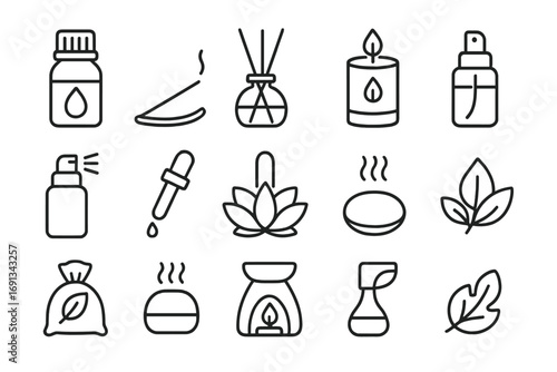 Aromatherapy Icon Set. Outline icon set of bedtime aromatherapy: essential oil bottle, incense stick, reed diffuser, scented