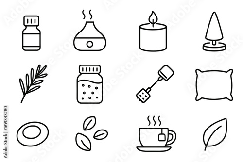Aromatherapy Icons Grid. Outline icon set of Aromatherapy and relaxation aids: essential oil bottle, diffuser, scented candle,