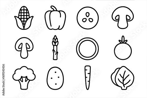 Barbecue Vegetables Icons. Outline icon set of barbecue vegetables: corn on the cob, bell pepper, zucchini slice, mushroom cap,