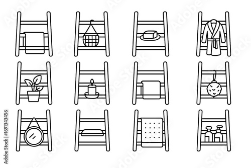 Bathroom Ladder Storage Icons. Outline icon set of Bathroom ladder storage ideas: ladder with towel bars, ladder with hanging