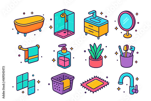Bathroom Design Icons. Colorful isometric vector icons set of bathroom design trends: freestanding bathtub, walk-in shower, vanity