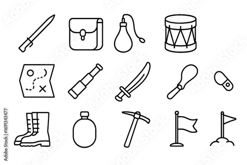 Battlefield Gear Icons. Outline icon set of battlefield reenactment gear: bayonet, satchel, powder flask, field drum, military map