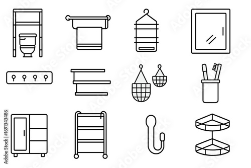 Bathroom Storage Icon Set. Outline icon set of bathroom vertical storage: over-toilet shelf, towel rack, shower caddy, medicine