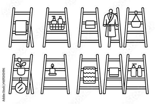 Bathroom Ladder Storage Icons. Outline icon set of Bathroom ladder storage ideas: ladder with towel bars, ladder with hanging