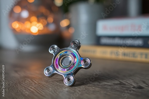 Wallpaper Mural Iridescent metallic fidget spinner on wooden table with warm bokeh lights. Torontodigital.ca