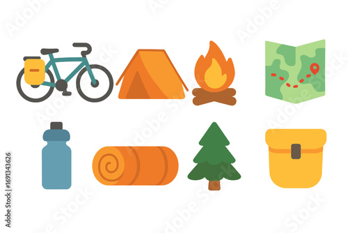 Bikepacking Adventure Icons. Flat vector mini-illustrations Bikepacking and camping trip in colors children's illustrations:
