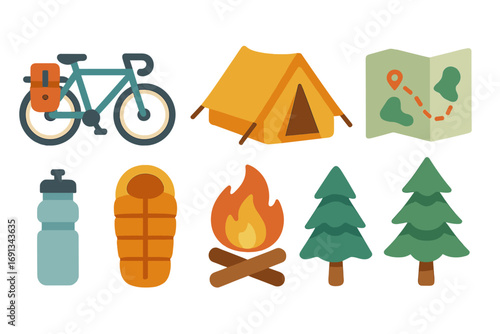 Bikepacking Adventure Icons. Flat vector mini-illustrations Bikepacking and camping trip in colors children's illustrations: