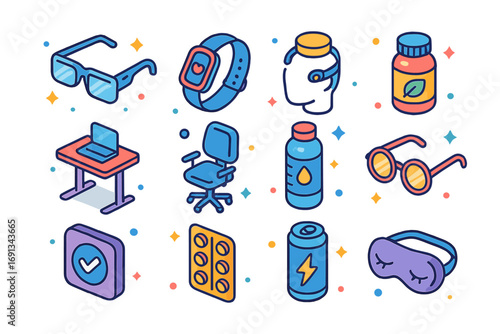 Biohacking Essentials Icons. Colorful isometric vector icons set of biohacking productivity: smart glasses, wearable fitness