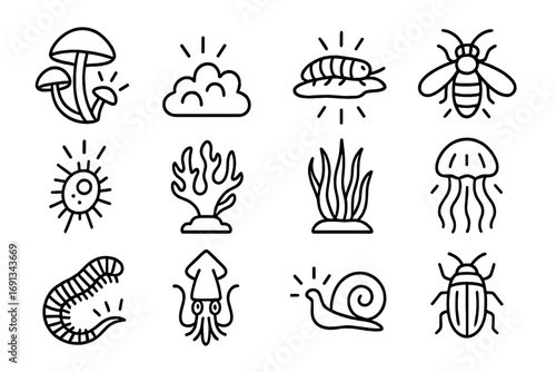 Bioluminescent Icon Array. Outline icon set of Fungi and other bioluminescent organisms: glowing mushroom, glowing moss, glow worm