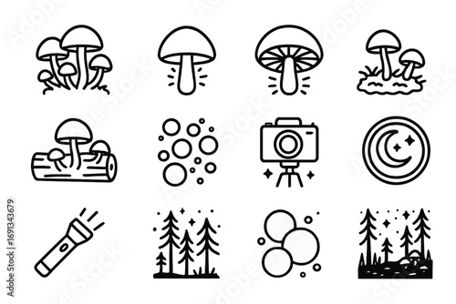 Bioluminescent Fungi Icons. Outline icon set of Night photography of bioluminescent fungi: glowing mushroom cluster, single