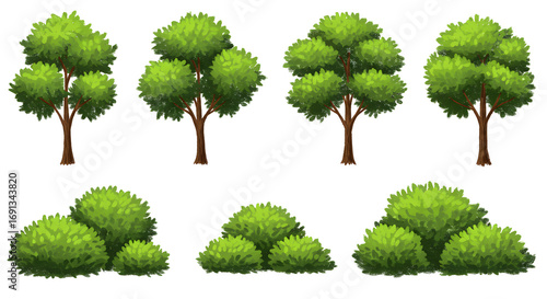 Oil pastel illustration set of trees and bushes nature plants