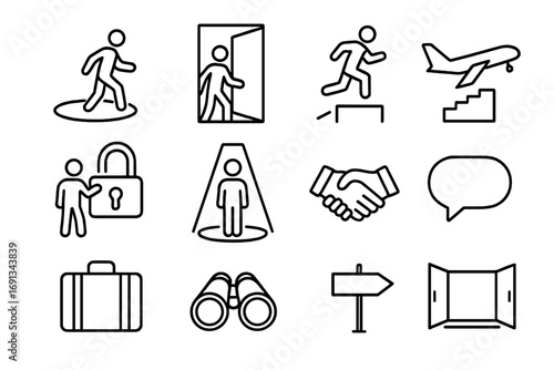 Breaking Comfort Zones Icons. Outline icon set of Breaking comfort zones: person stepping out of circle, walking through doorway,