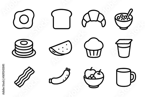 Breakfast Icon Set. Outline icon set of breakfast favorites: fried egg, toast slice, croissant, cereal bowl, pancake stack, omelet