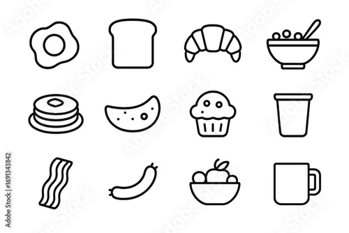 Breakfast Icon Set. Outline icon set of breakfast favorites: fried egg, toast slice, croissant, cereal bowl, pancake stack, omelet