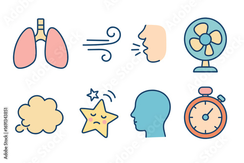 Breath Icons Grid. Flat vector mini-illustrations Shallow breathing in colors children's illustrations: lungs, wind swirl, mouth