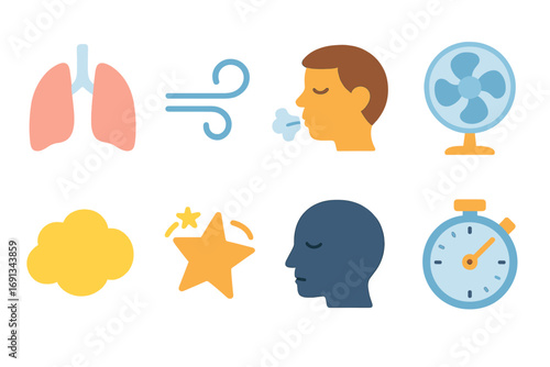 Breath Icons Grid. Flat vector mini-illustrations Shallow breathing in colors children's illustrations: lungs, wind swirl, mouth