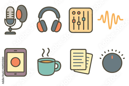 Broadcast and Podcast Icons. Flat vector mini-illustrations Satellite broadcasting in colors children's illustrations: satellite