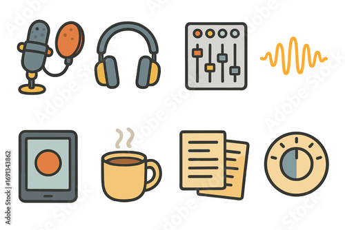 Broadcast and Podcast Icons. Flat vector mini-illustrations Satellite broadcasting in colors children's illustrations: satellite