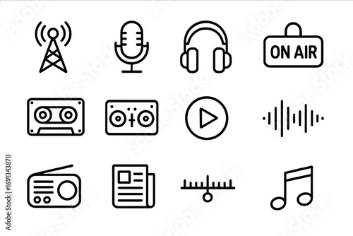 Broadcast Icons Grid. Outline icon set of broadcast and radio narration: radio tower, microphone, headphones, on-air sign,