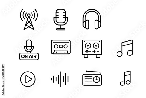 Broadcast Icons Grid. Outline icon set of broadcast and radio narration: radio tower, microphone, headphones, on-air sign,