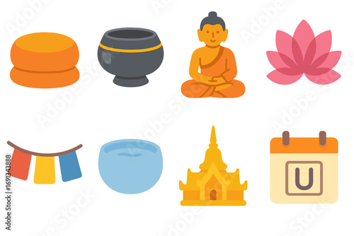Buddhist Fasting Symbols. Flat vector mini-illustrations Buddhist Uposatha fasting in colors children's illustrations: meditation