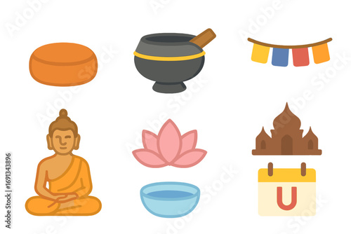 Buddhist Fasting Symbols. Flat vector mini-illustrations Buddhist Uposatha fasting in colors children's illustrations: meditation